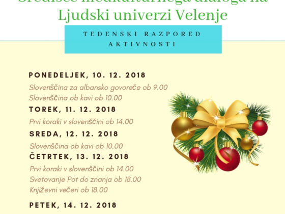Tedenski razpored aktivnosti v Središču medkulturnega dialoga Velenje