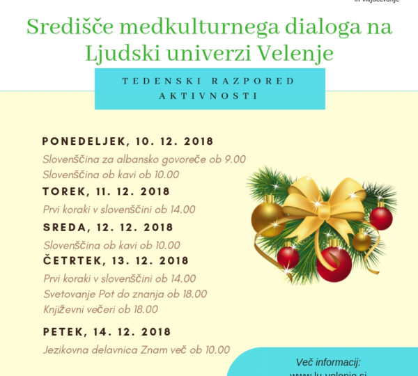 Tedenski razpored aktivnosti v Središču medkulturnega dialoga Velenje